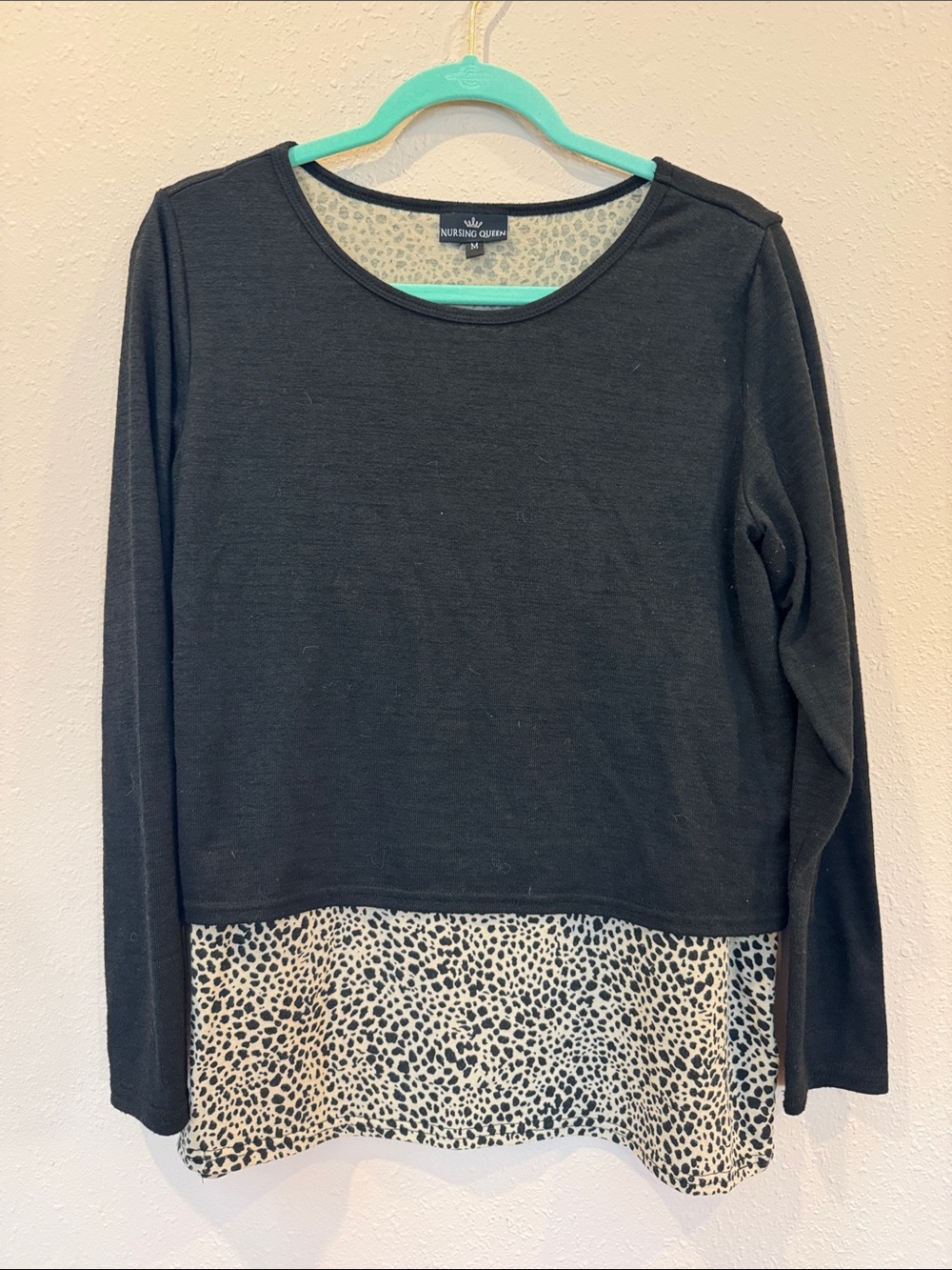 Nursing Queen Black Long-Sleeve Top with Leopard Hem